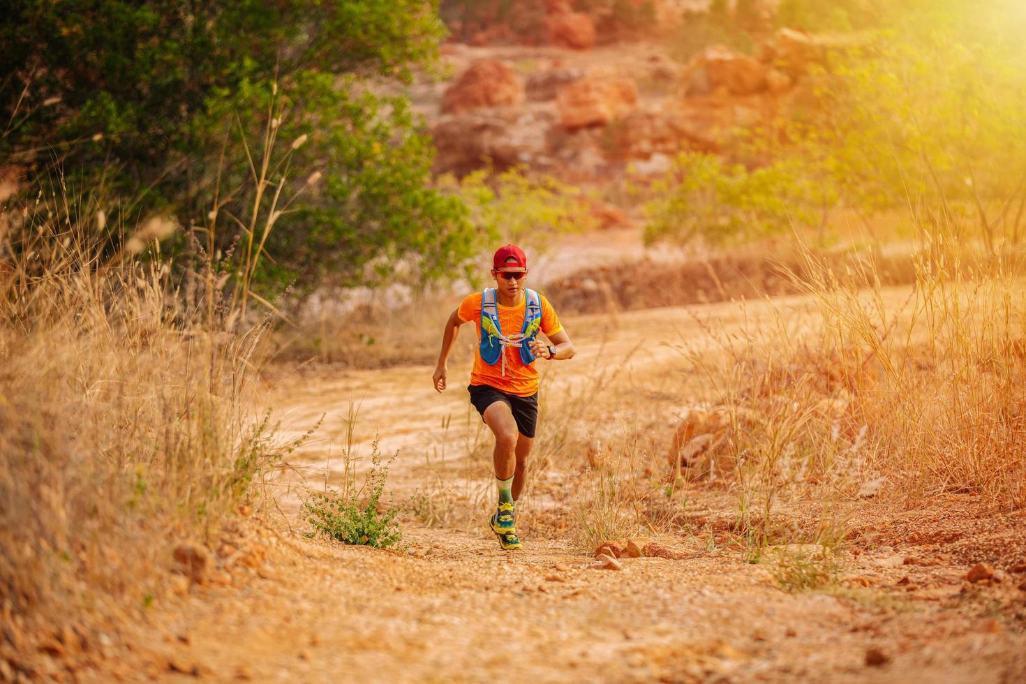 A man Runner of Trail and athlete's feet wearing sports shoes for trail running in the forest photo