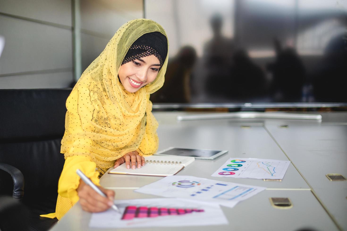 Muslim businesswomen analysis documents on office table and have graph financial diagram working in the background photo