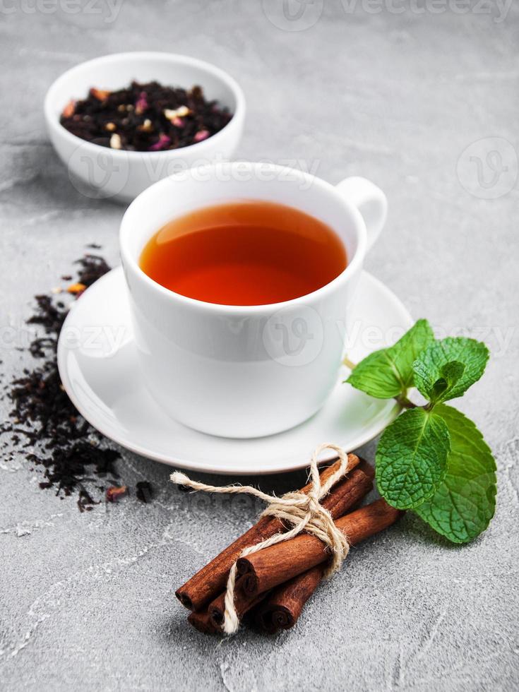 Cup of tea with mint and cinnamon photo