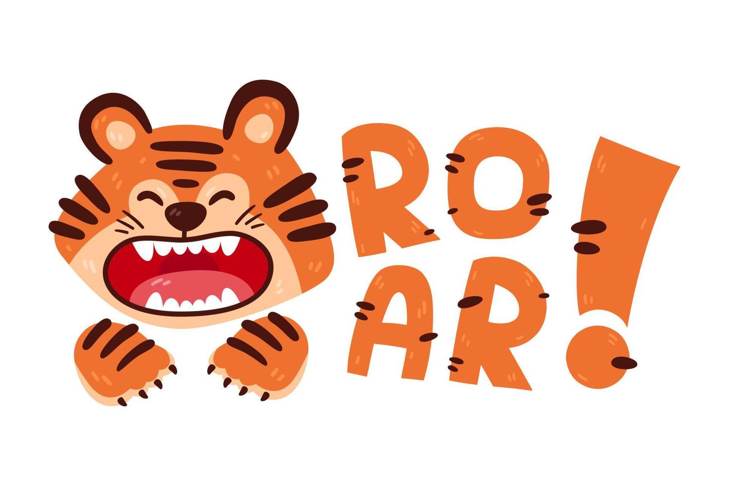 impresión de diseño de un lindo tigre divertido. impresión de vivero con gato salvaje y rugido de cita de letras. ilustración vectorial aislado sobre fondo blanco. para invitación de cumpleaños, baby shower, tarjeta, afiche, ropa vector