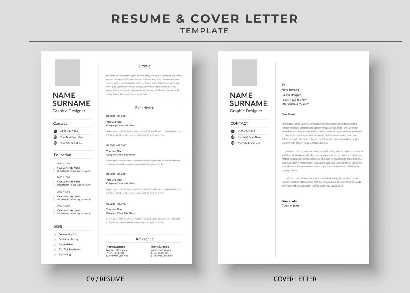 Resume and Cover Letter Template, Minimalist resume cv template, Cv professional jobs resumes vector