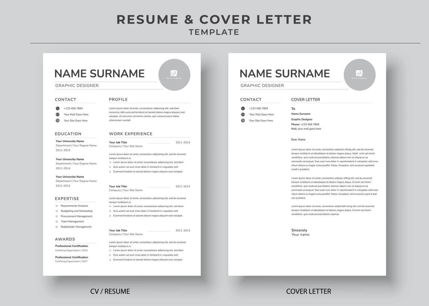 Resume and Cover Letter Template, Minimalist resume cv template, Cv professional jobs resumes vector