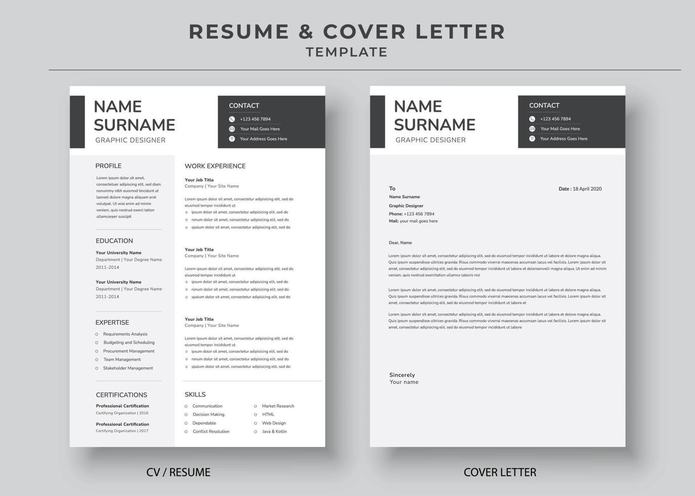 Resume and Cover Letter Template, Minimalist resume cv template, Cv professional jobs resumes vector