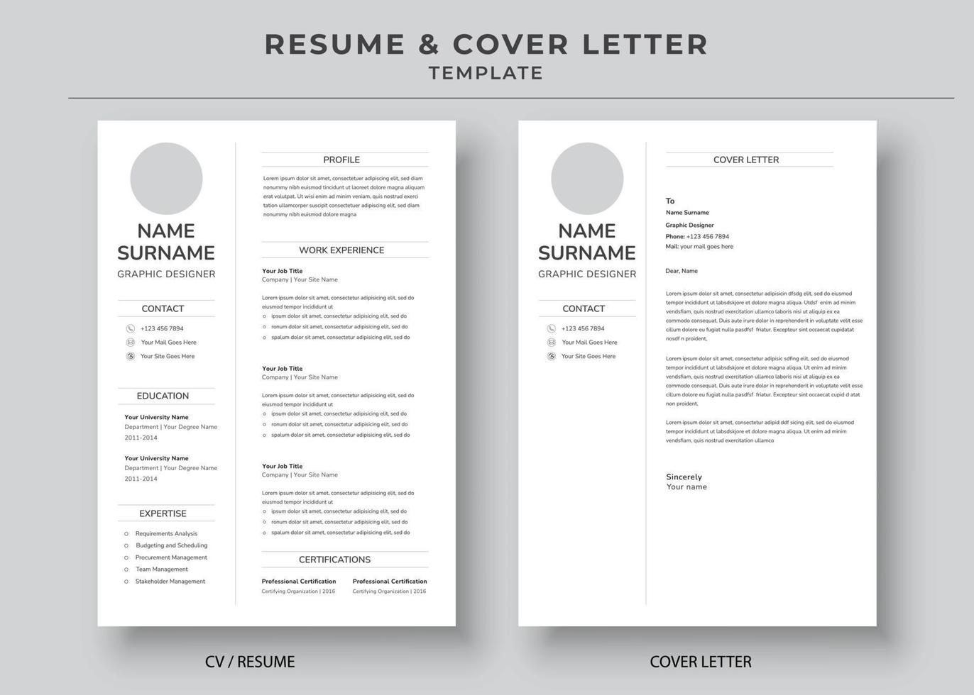 Resume and Cover Letter Template, Minimalist resume cv template, Cv professional jobs resumes vector