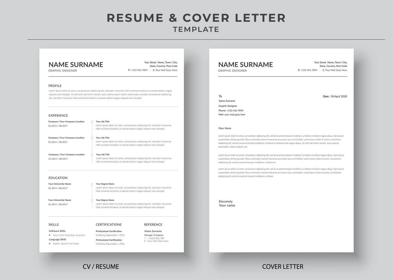 Resume and Cover Letter Template, Minimalist resume cv template, Cv professional jobs resumes vector