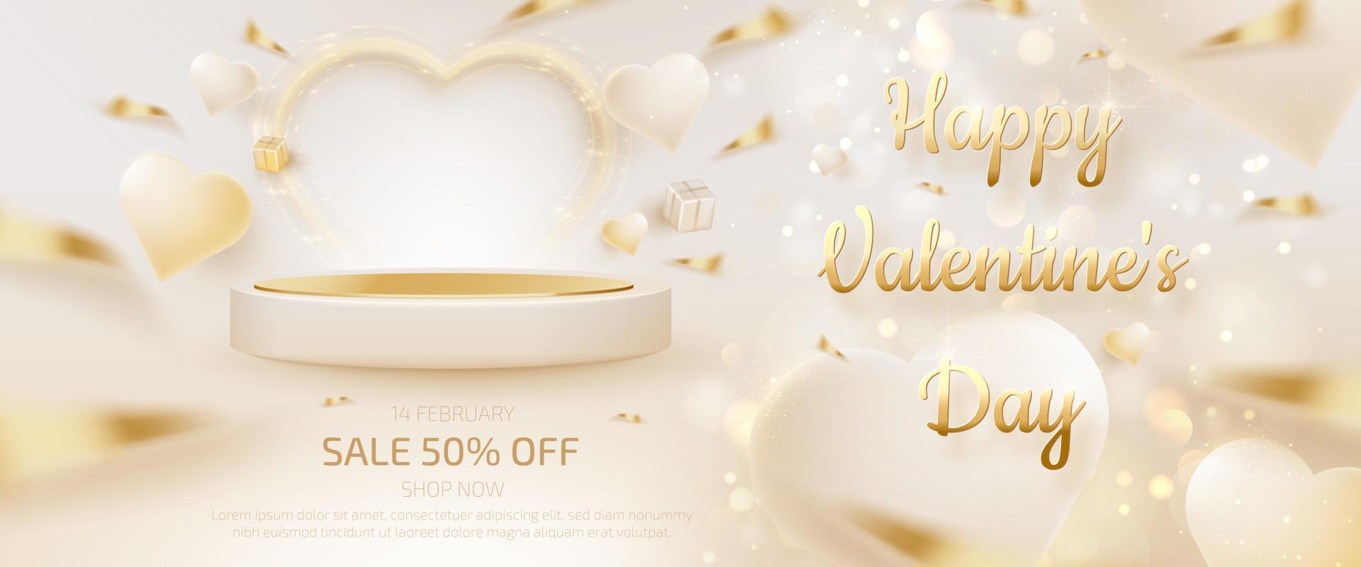 Valentine day sale banner template with 3d heart shape decorations and podium for product display. vector