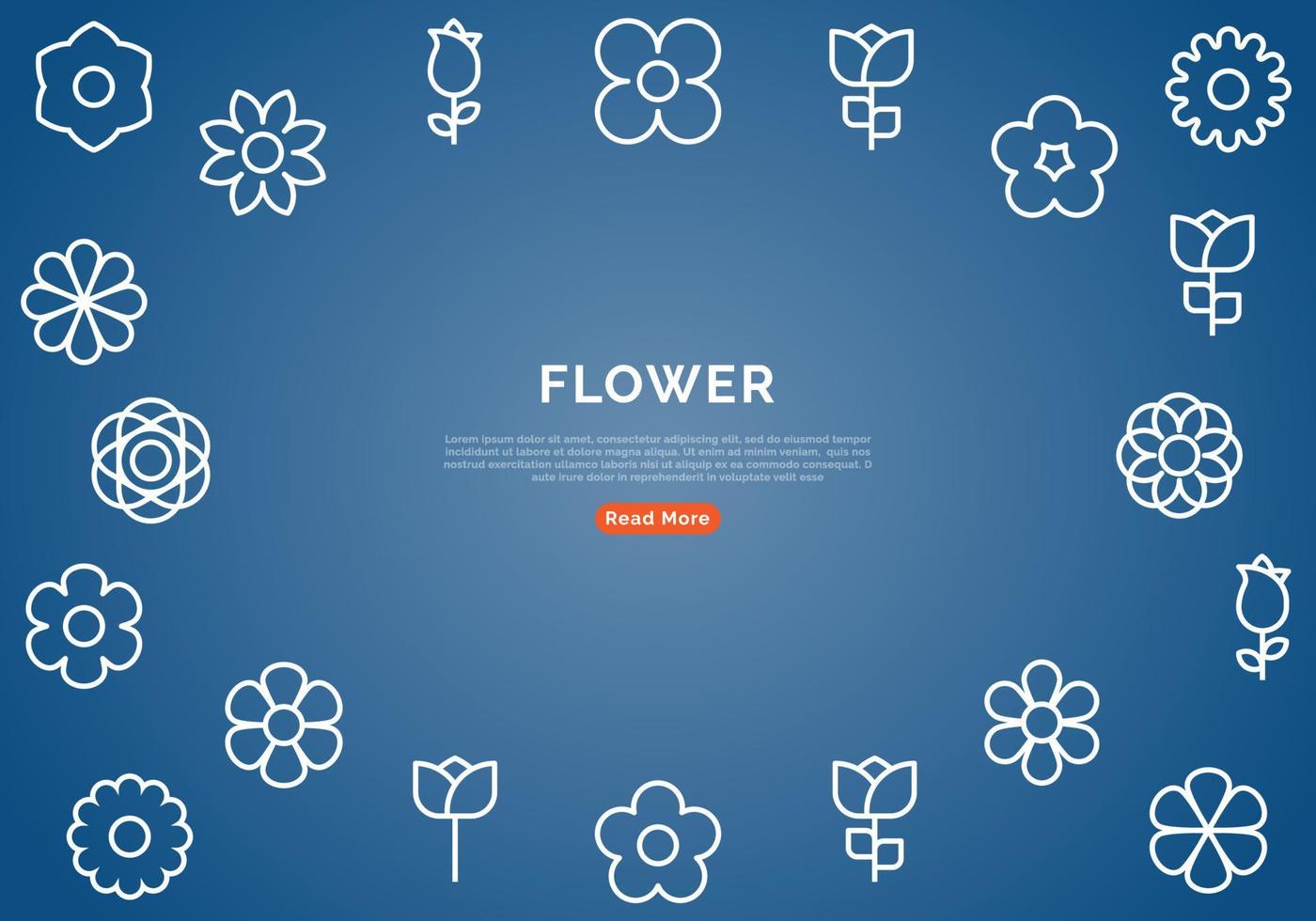 banner de flores con iconos de línea sobre fondo azul. Ilustración de vector de diseño mínimo