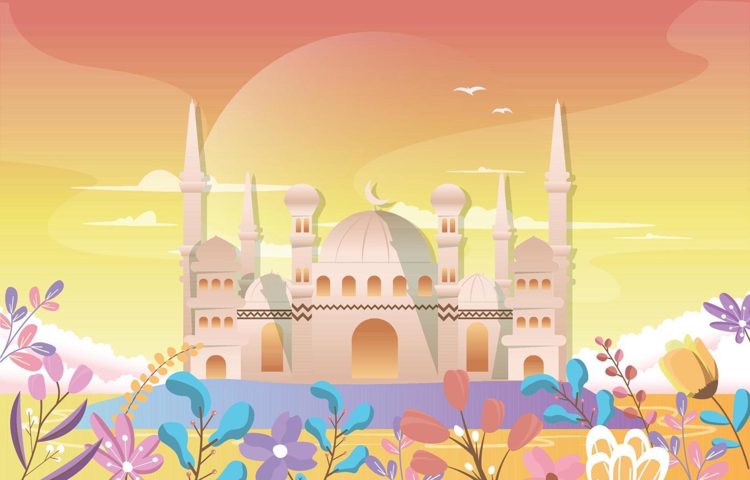 Ramadan Kareem Eid Mubarak Mosque Nature Islamic Celebration Illustration vector