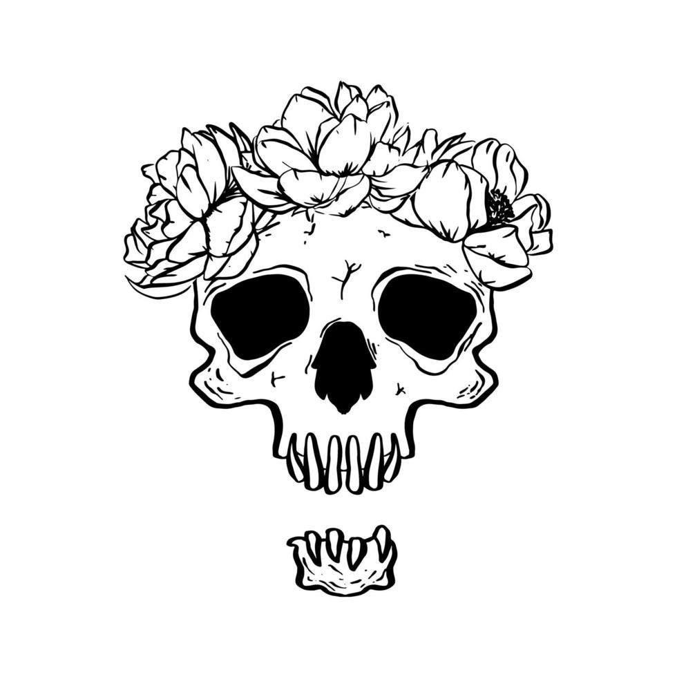 Ilustración de vector de tatuaje de cráneo floral humano