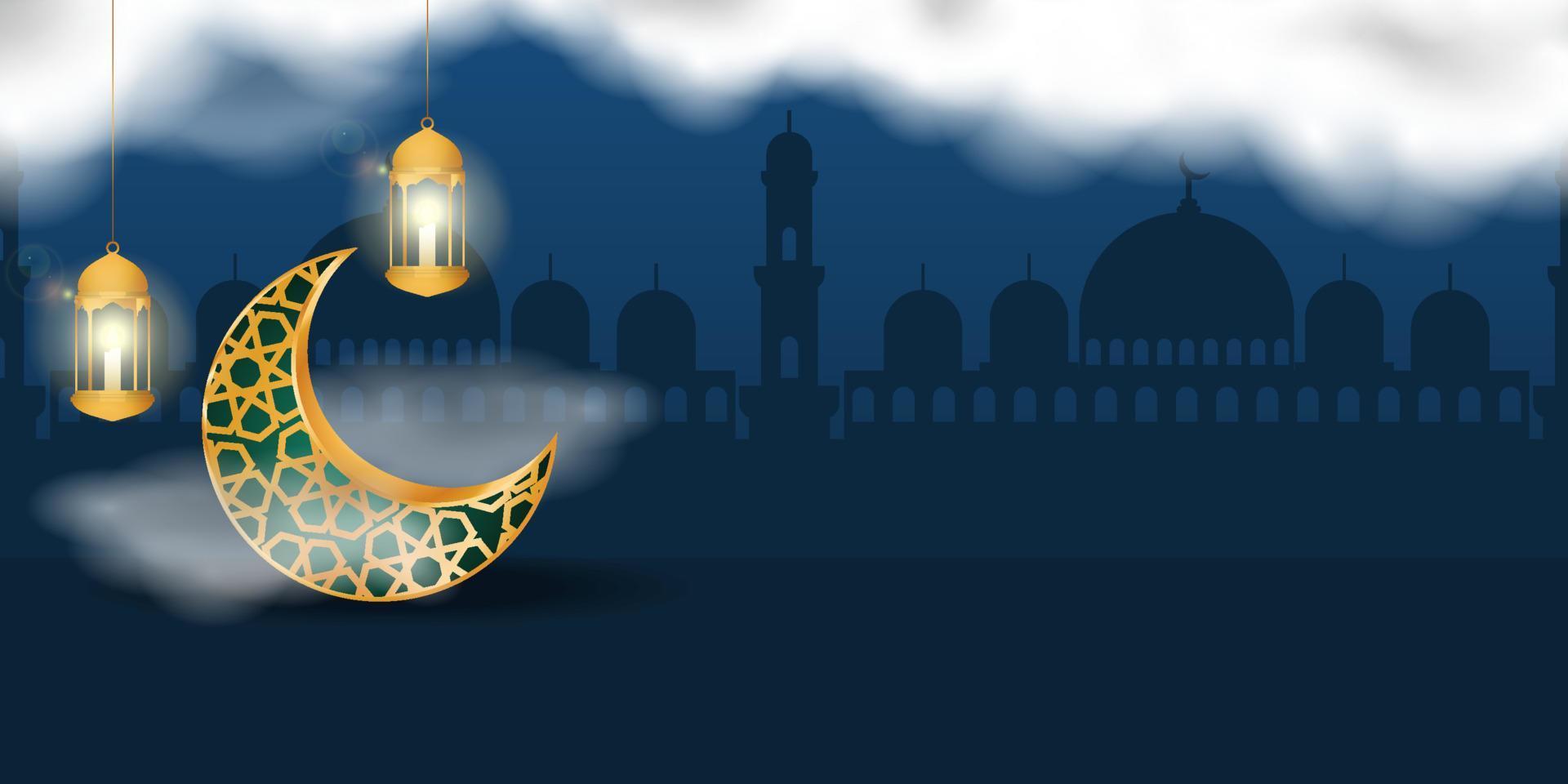 background for ramadan kareem with golden moon, lantern, and realistic clouds.copy space area vector