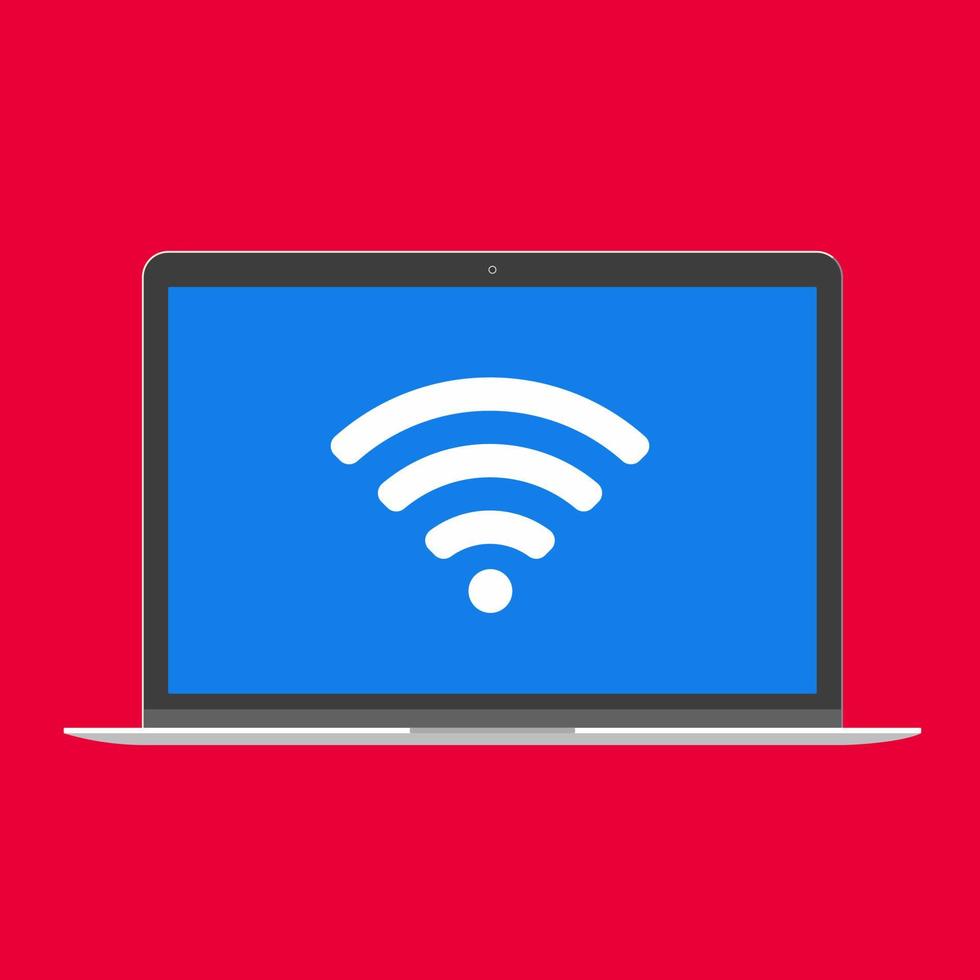 Modern device - laptop, computer or netbook pc flat design with wifi symbol on the screen icon vector illustration. No keybord technology concept of free wireless wi-fi at home isolated red background