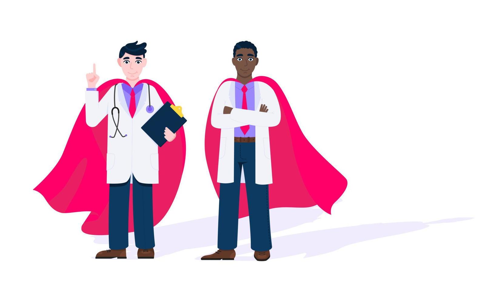 Two doctors with hero cape behind hospital medical employee fight against diseases and viruses on frontline flat style design vector illustration.