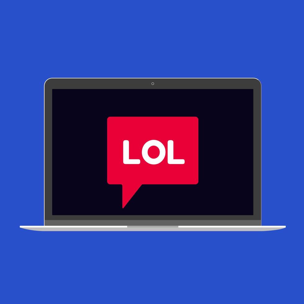 Modern device - laptop, computer or netbook pc flat design with LOL word on the screen icon vector illustration. No keybord technology concept of chatting at home isolated on red background.