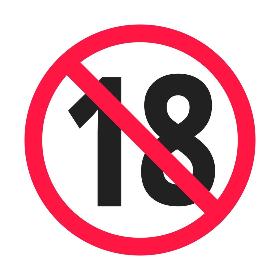 Ilustración de vector de signo de icono redondo prohibido menores de 18 años. Dieciocho o mayores personas contenido para adultos 18 más solo calificación aislada sobre fondo blanco.