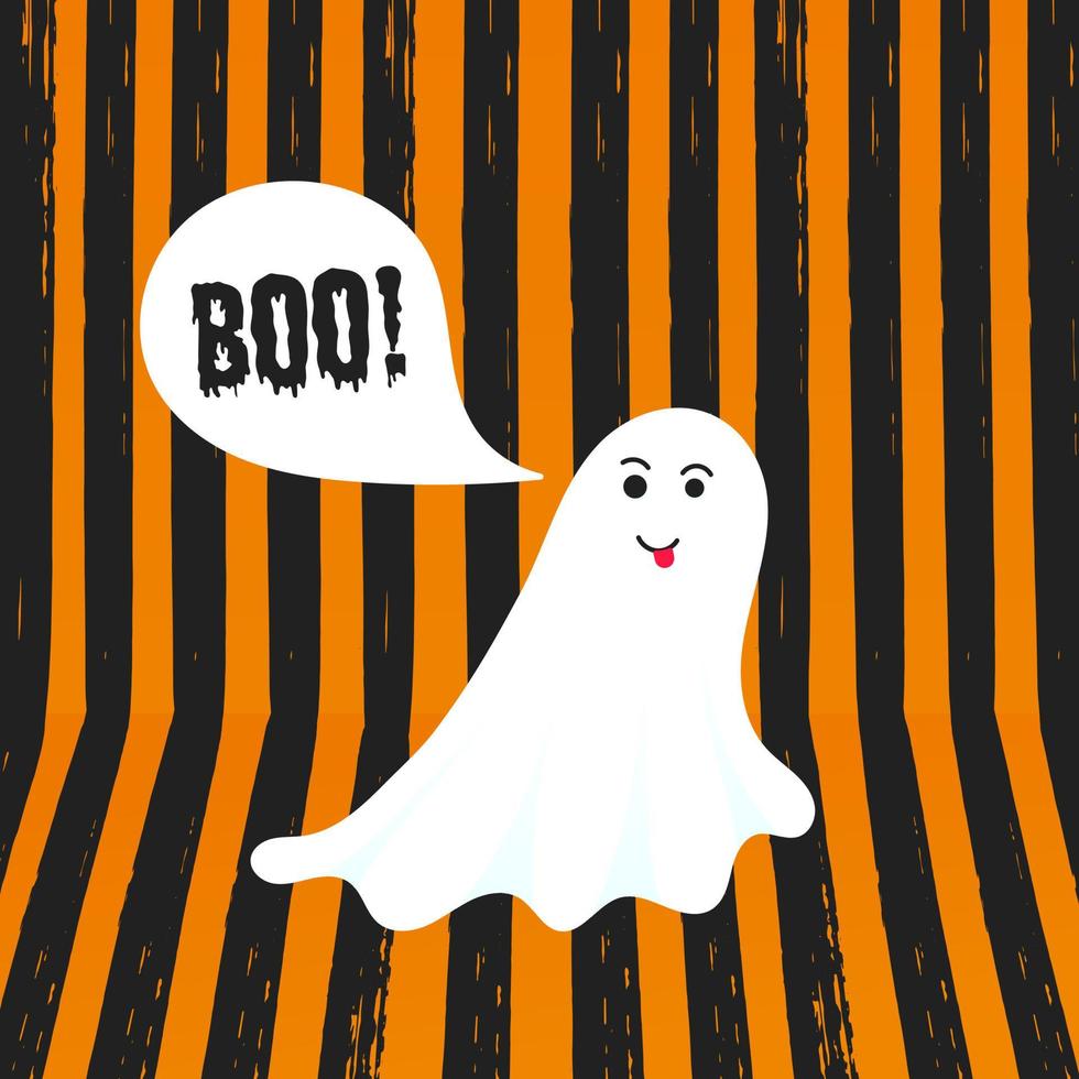 Boo ghost halloween message concept. Flying halloween funny spooky ghost character say BOO with text space in the speech bubble vector illustration isolated on orange striped background.