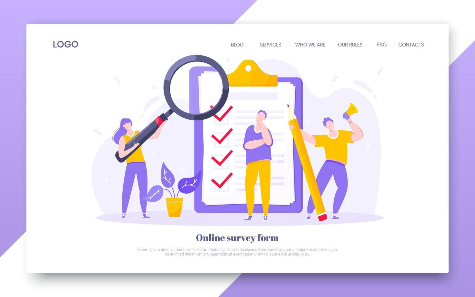 Online survey form business concept with tiny people with megaphone, pencil nearby giant clipboard complete checklist vector