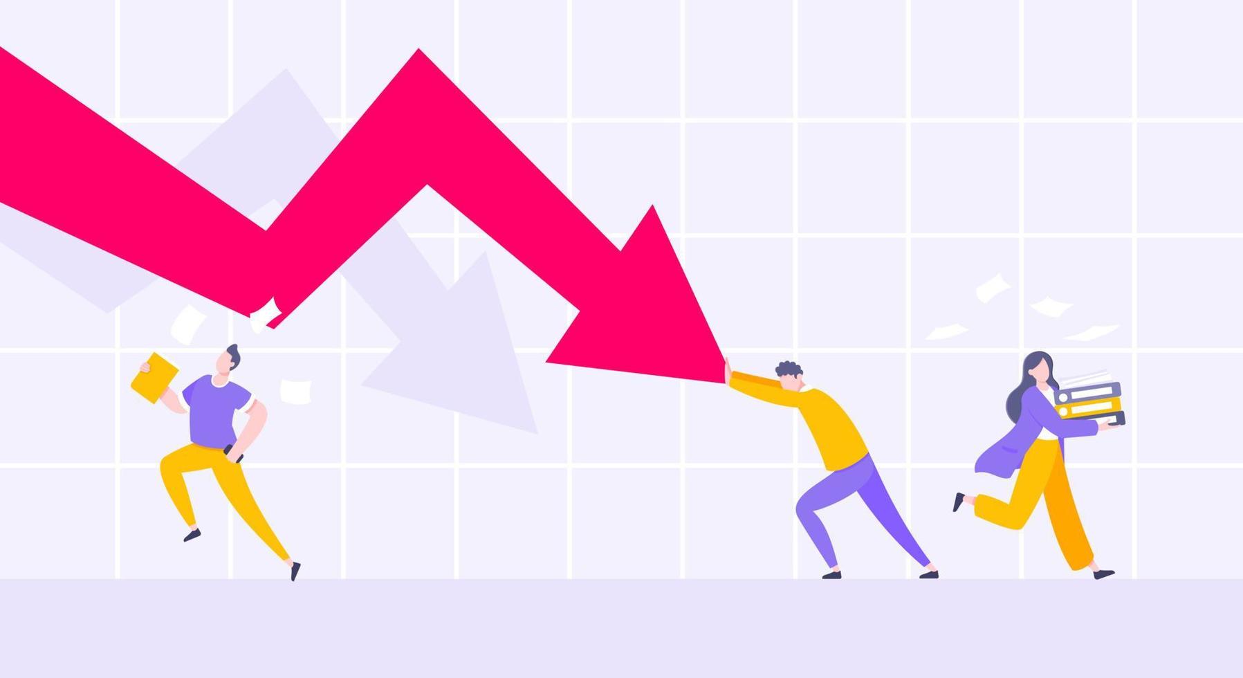 Recession loss and business bankruptcy concept. Young adult man pushed red crisis arrow downturn vector illustration.