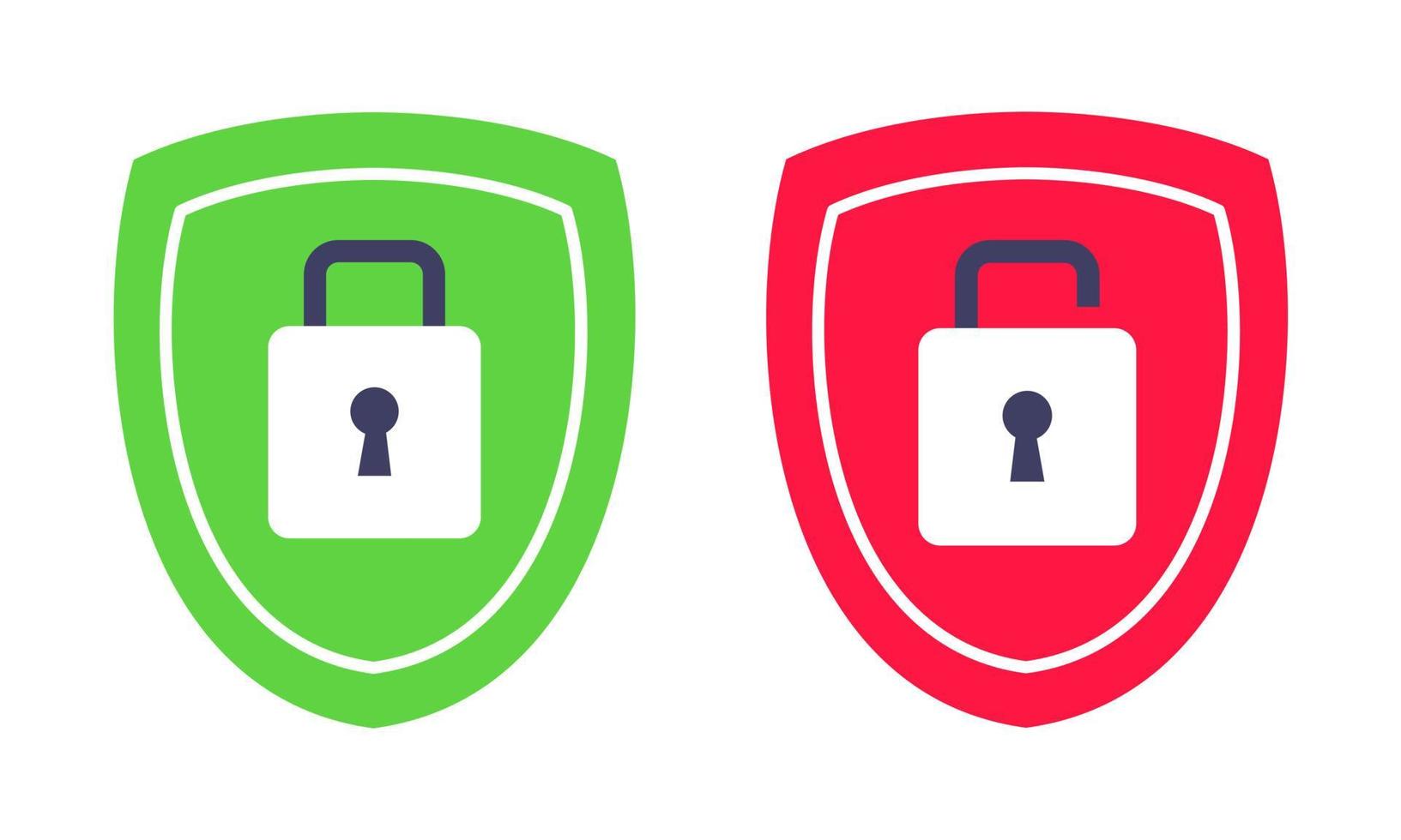 Shield with closed and opened padlock on it security protection symbol set. vector