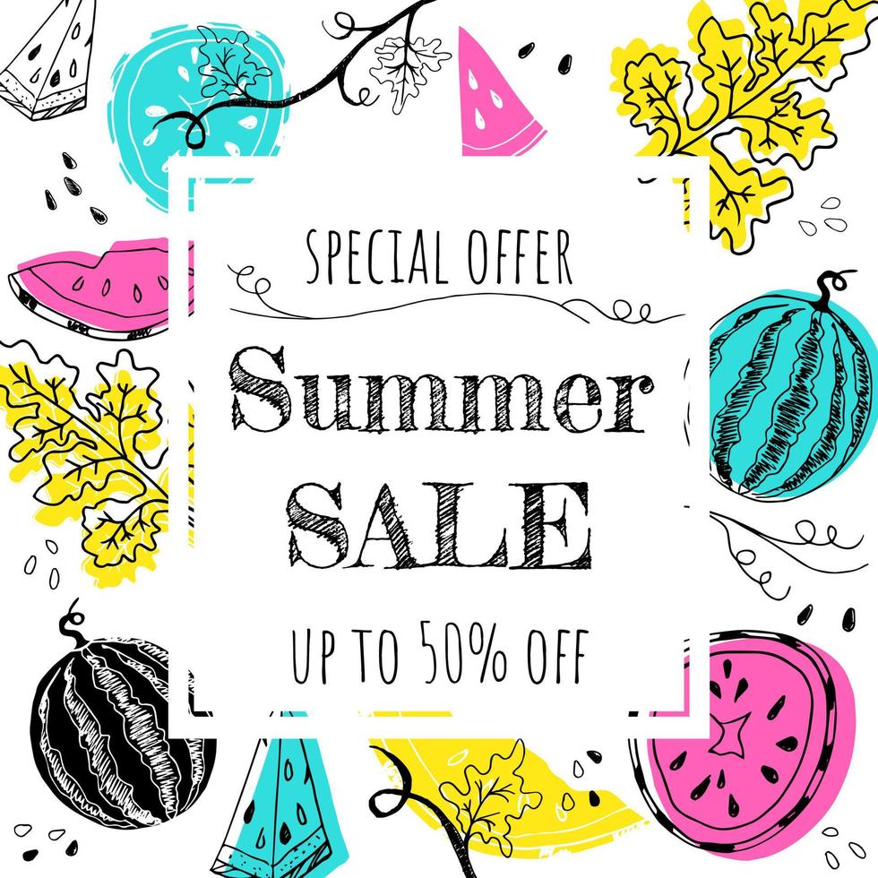 Summer sale offer banner postcard lettering text with hand drawn watermelons and colored shapes vector illustration. Summer sale flyer or banner or leflet concept template.