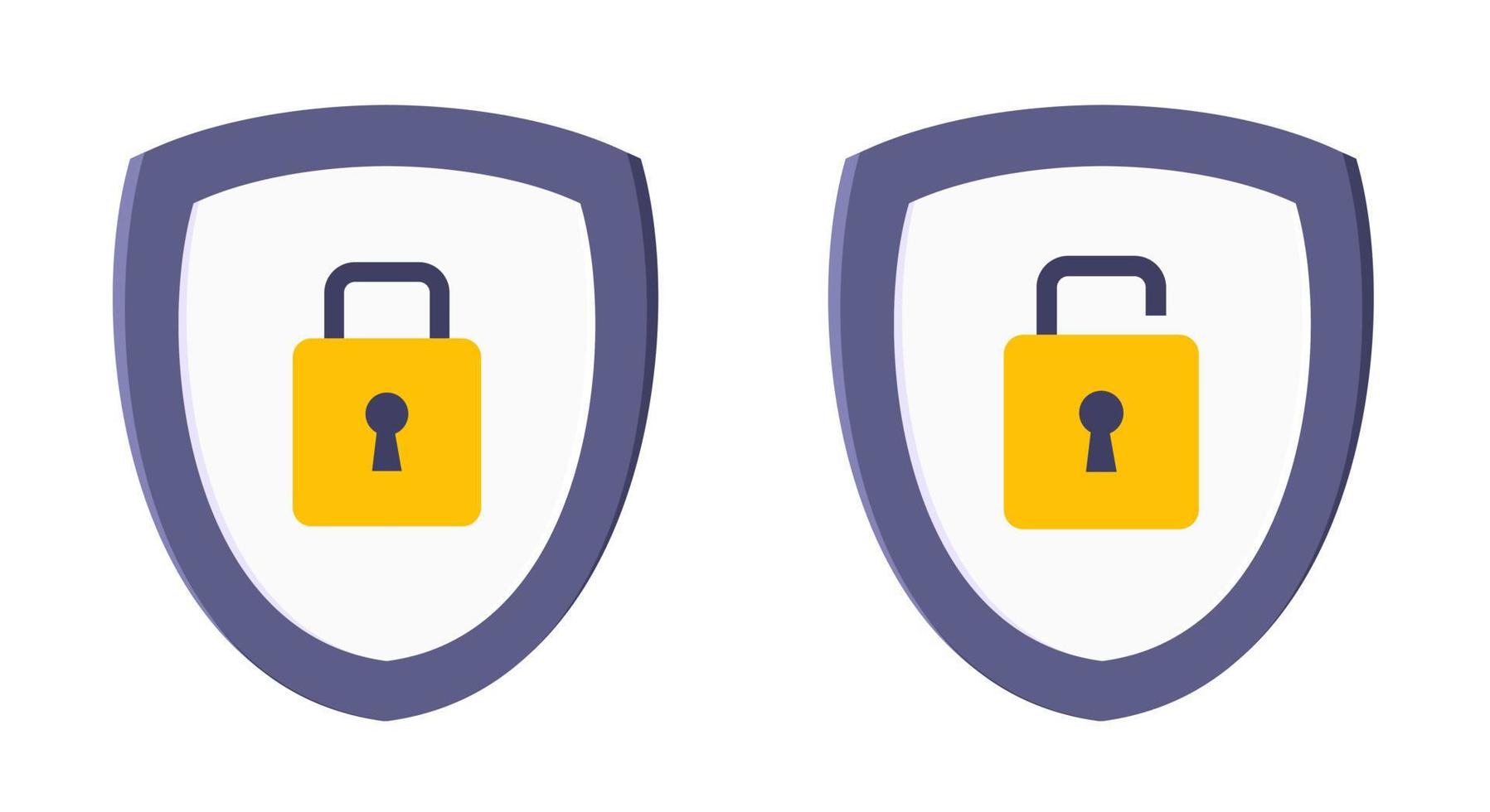 Shield with closed and opened padlock on it security protection symbol set. vector