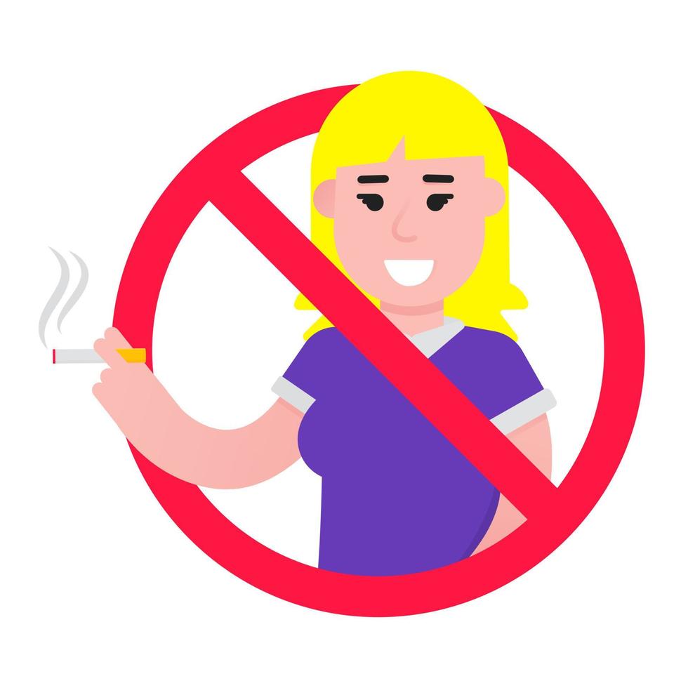 No smoking sign with standing girl. Forbidden sign icon isolated on white background vector illustration. Girl smokes cigarette, red prohibition circle isolated on white background.
