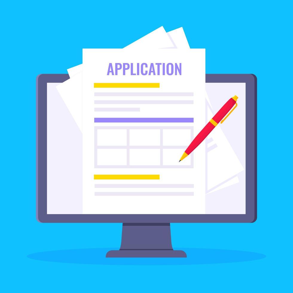 Online application form to fill popped above the computer monitor screen icon vector illustration.