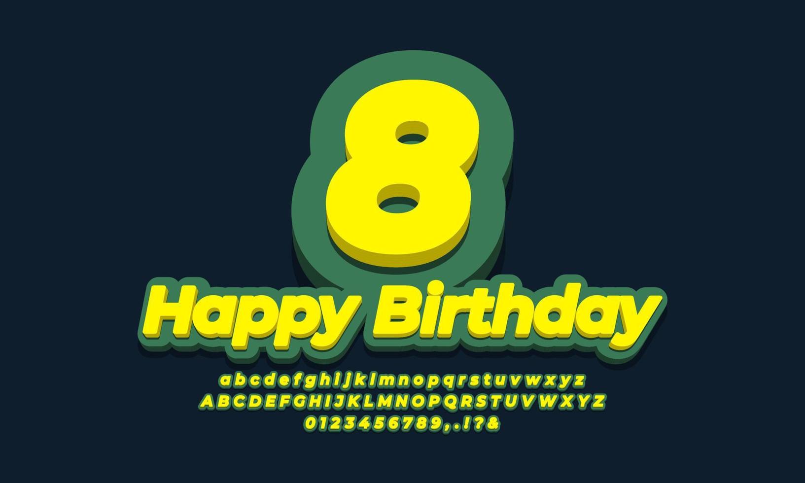 número ocho año celebración cumpleaños fuente 3d amarillo verde diseño vector