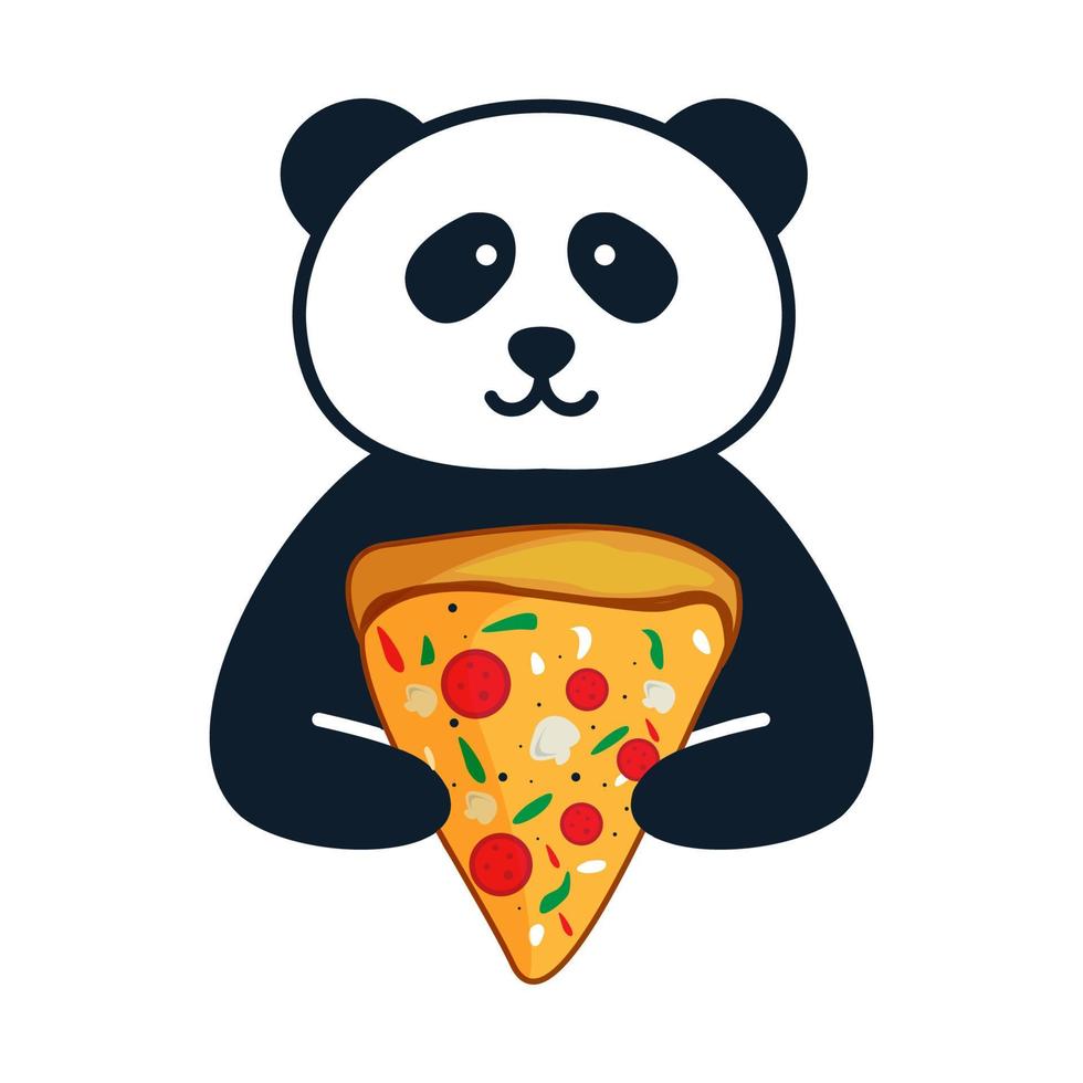 animal panda happy cute  with pizza logo vector icon design
