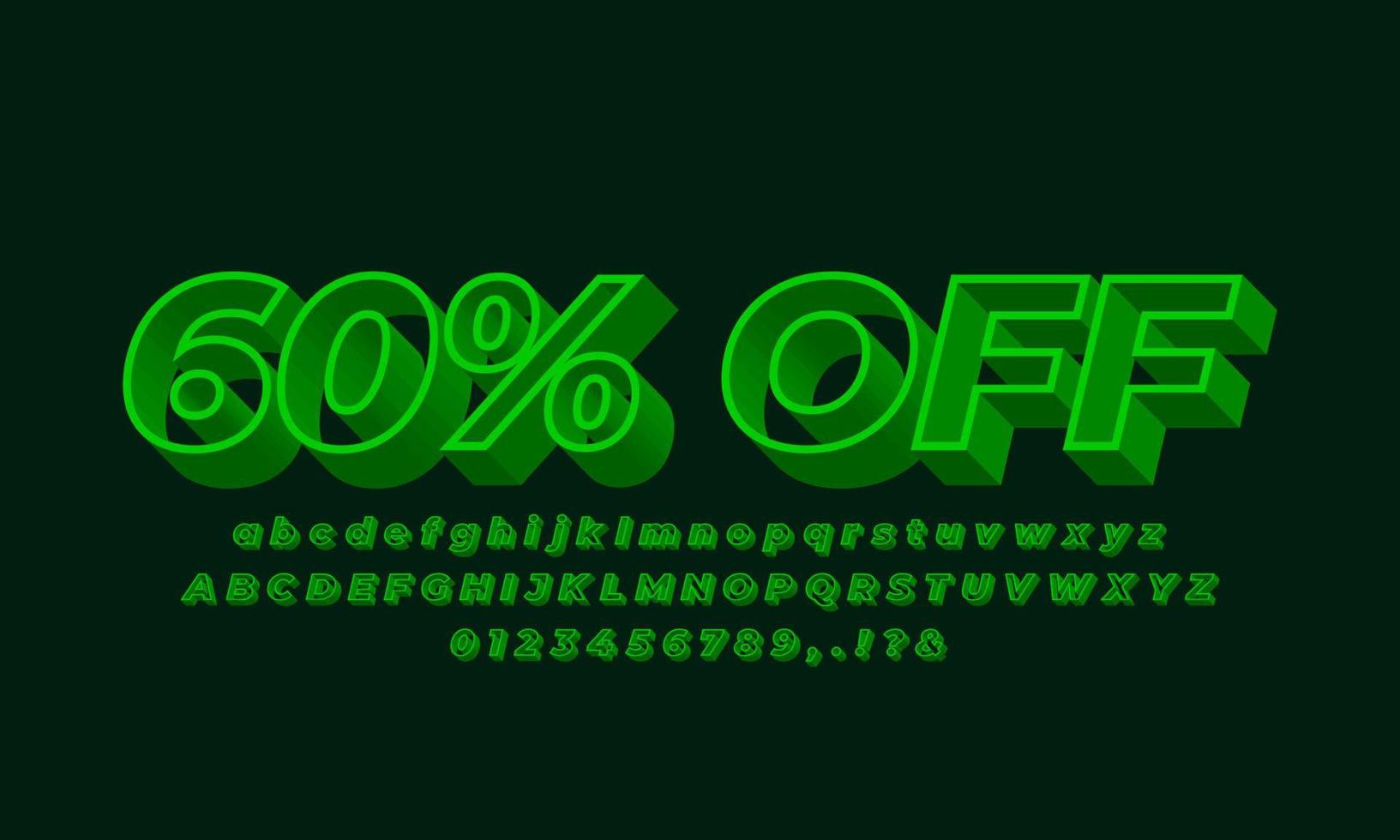 60 percent  off sale text font 3d green light vector
