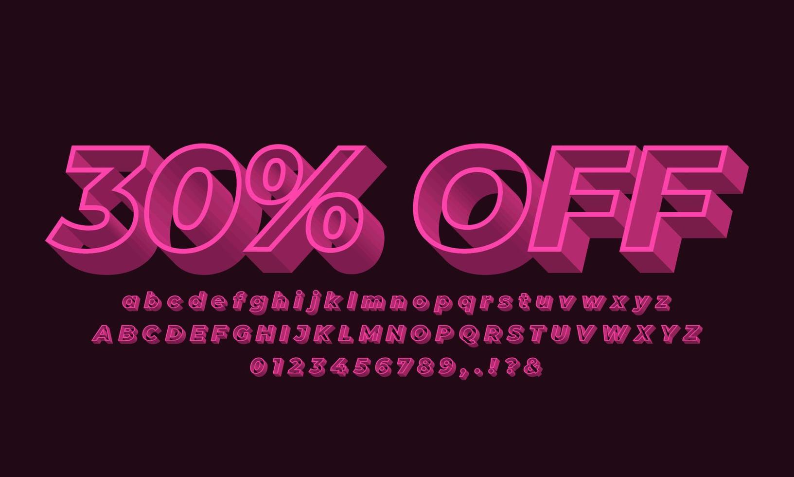 30 percent  off sale text font modern 3d pink light vector