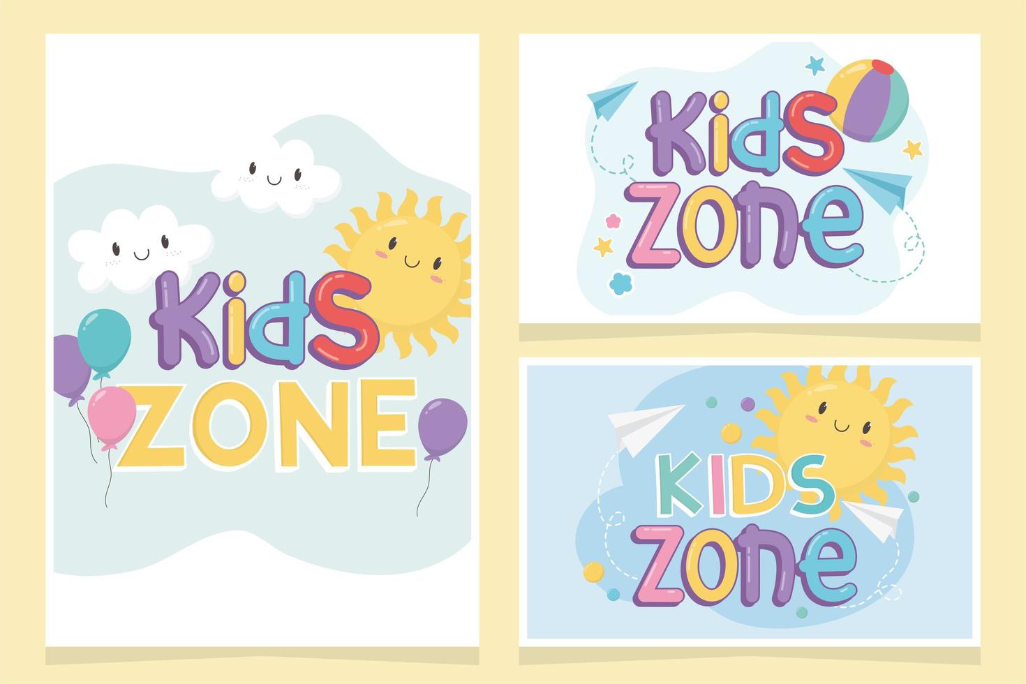 kids zone, colorful sun clouds ball balloons paper plane cards vector