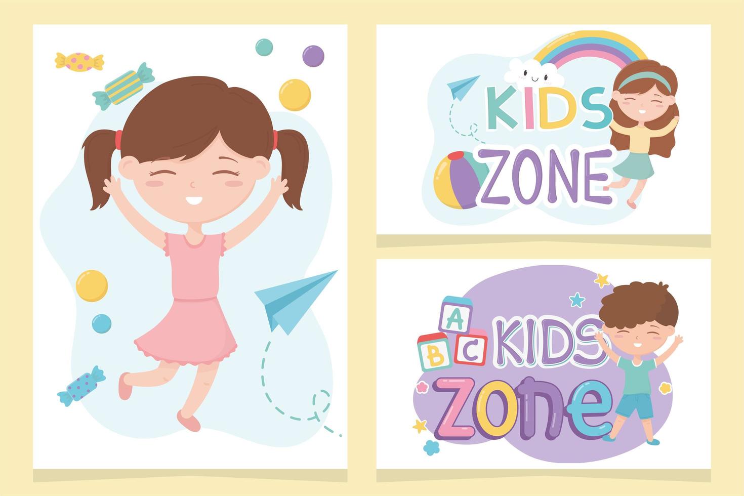 kids zone, little boy and girl playing area banners vector