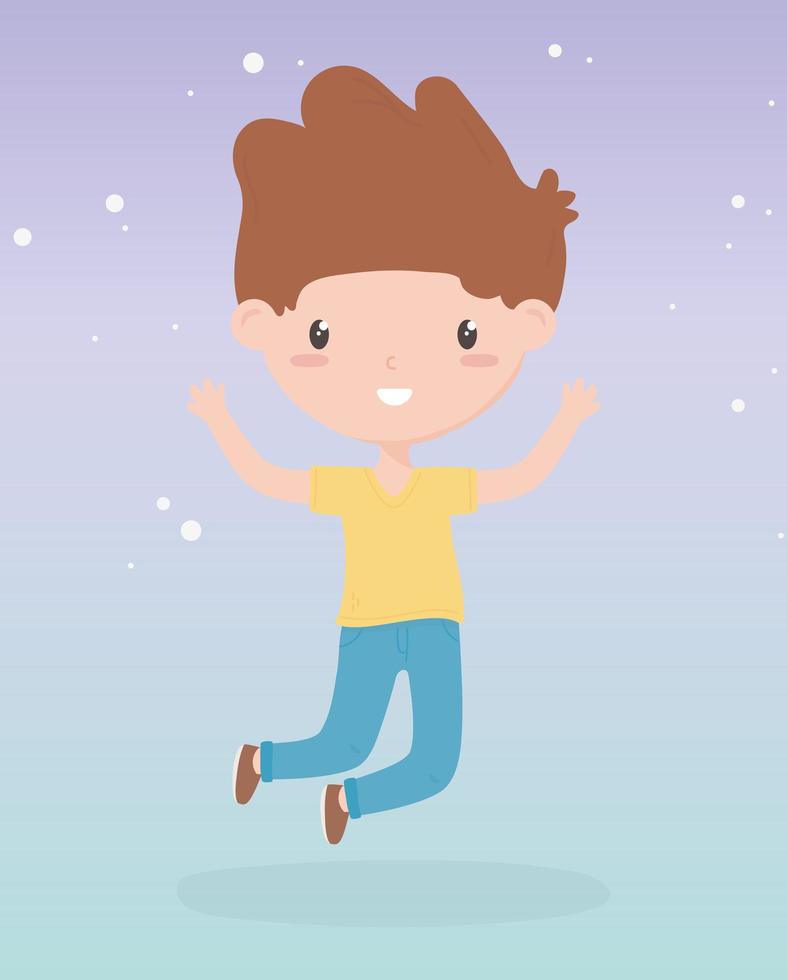 happy childrens day, cute little boy jumping celebrating hands up vector