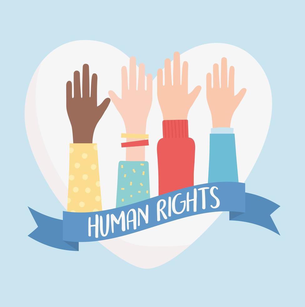 human rights, raised hands love heart ribbon vector