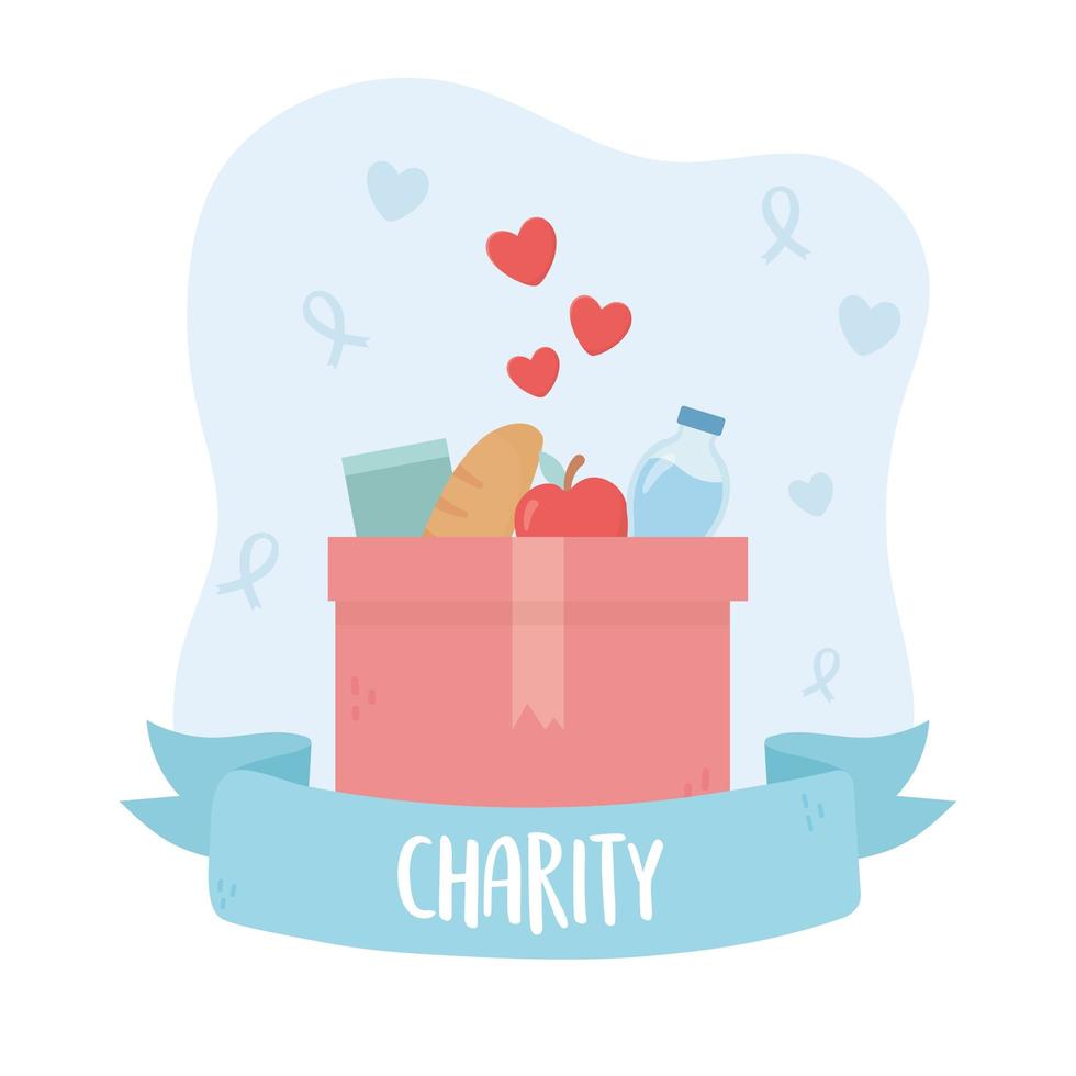 volunteering, help charity cardboard box with food bottle love vector