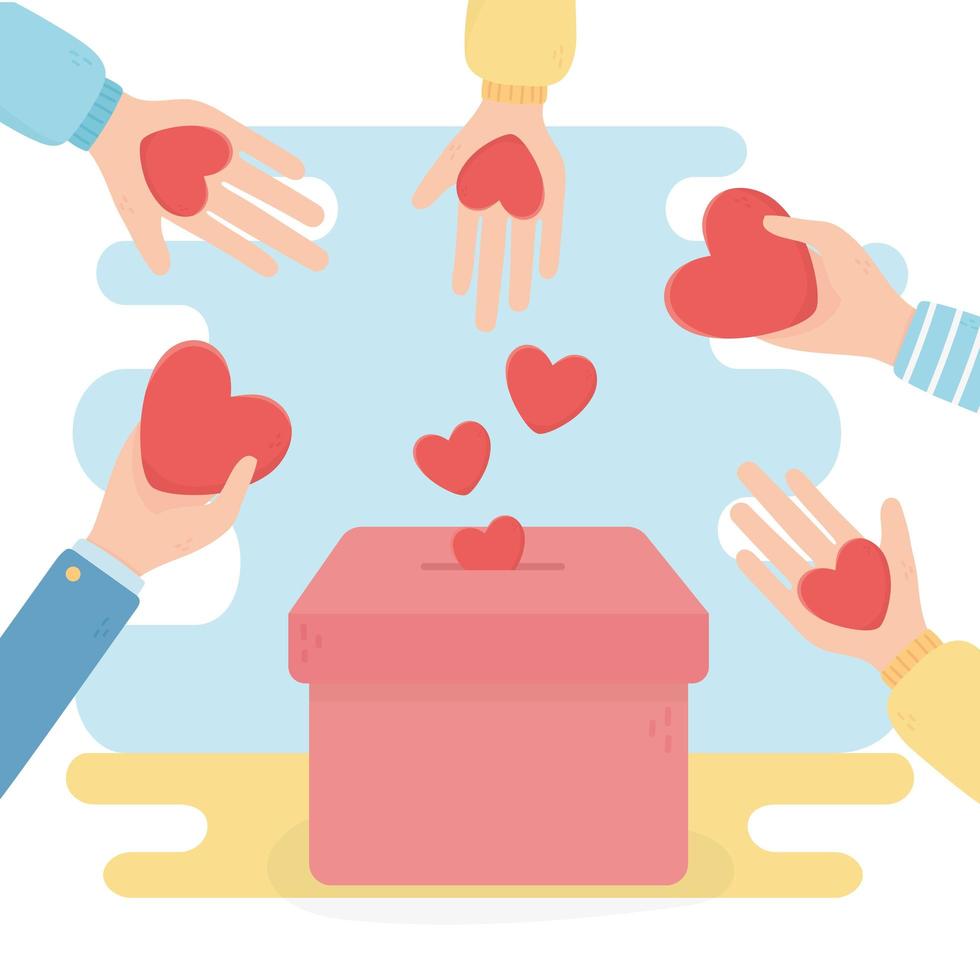 volunteering, help charity hands with hearts in box vector