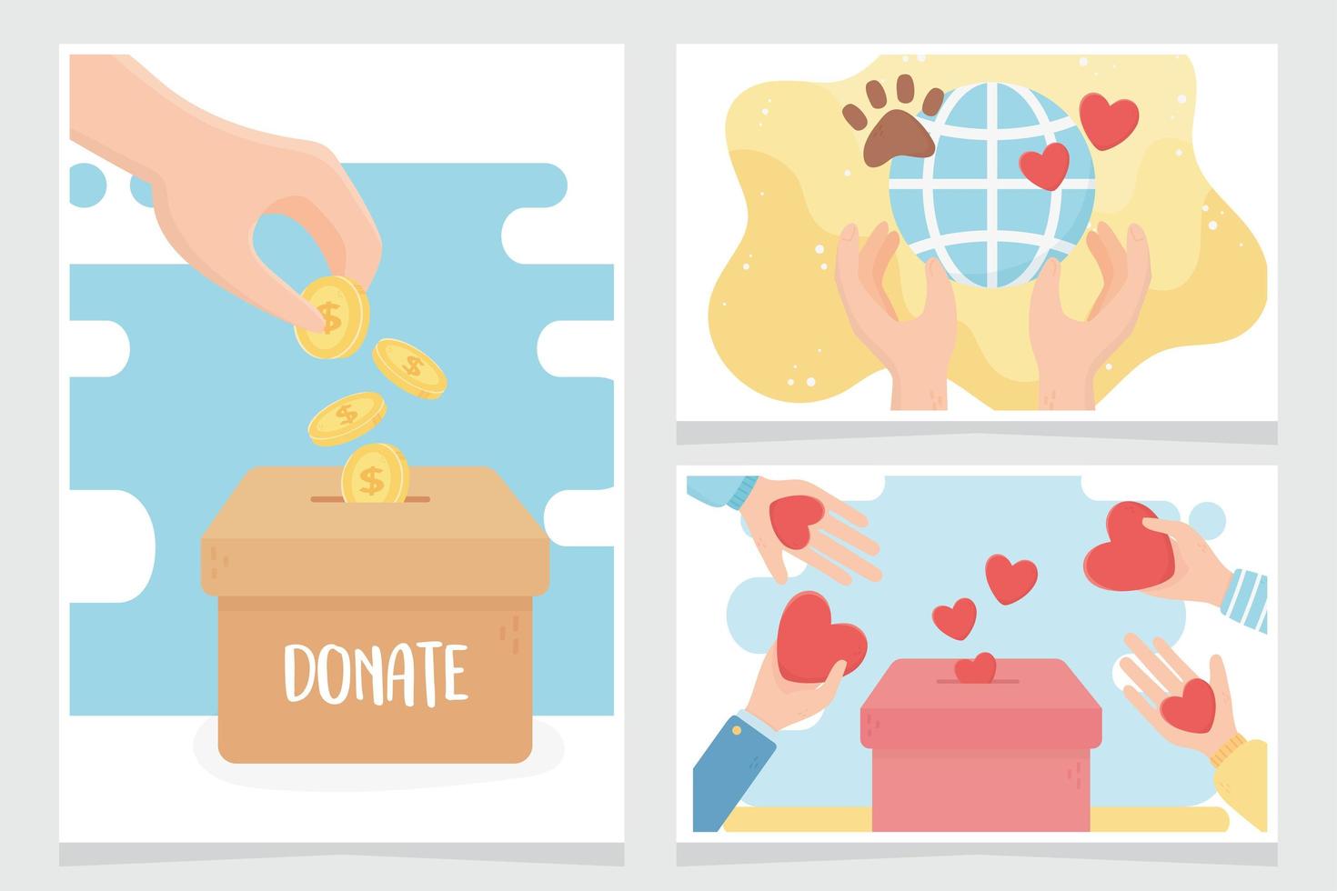 volunteering, help charity donate love protection care animal world cards vector