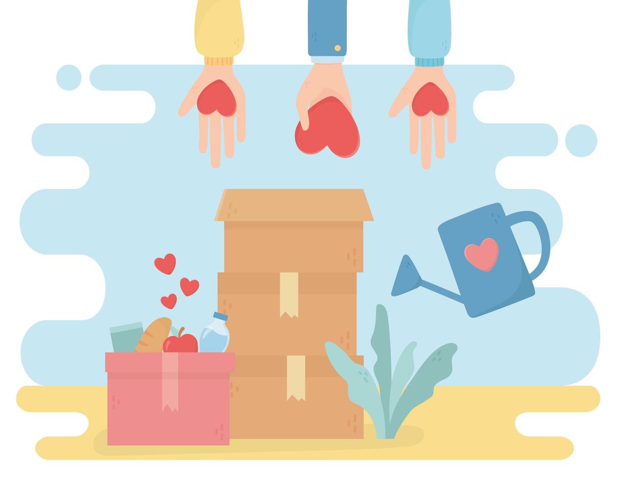 volunteering, help charity hands with heart boxes food care plant vector