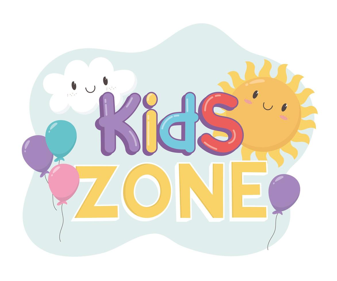 zona infantil, letras globos nube sol dibujos animados vector