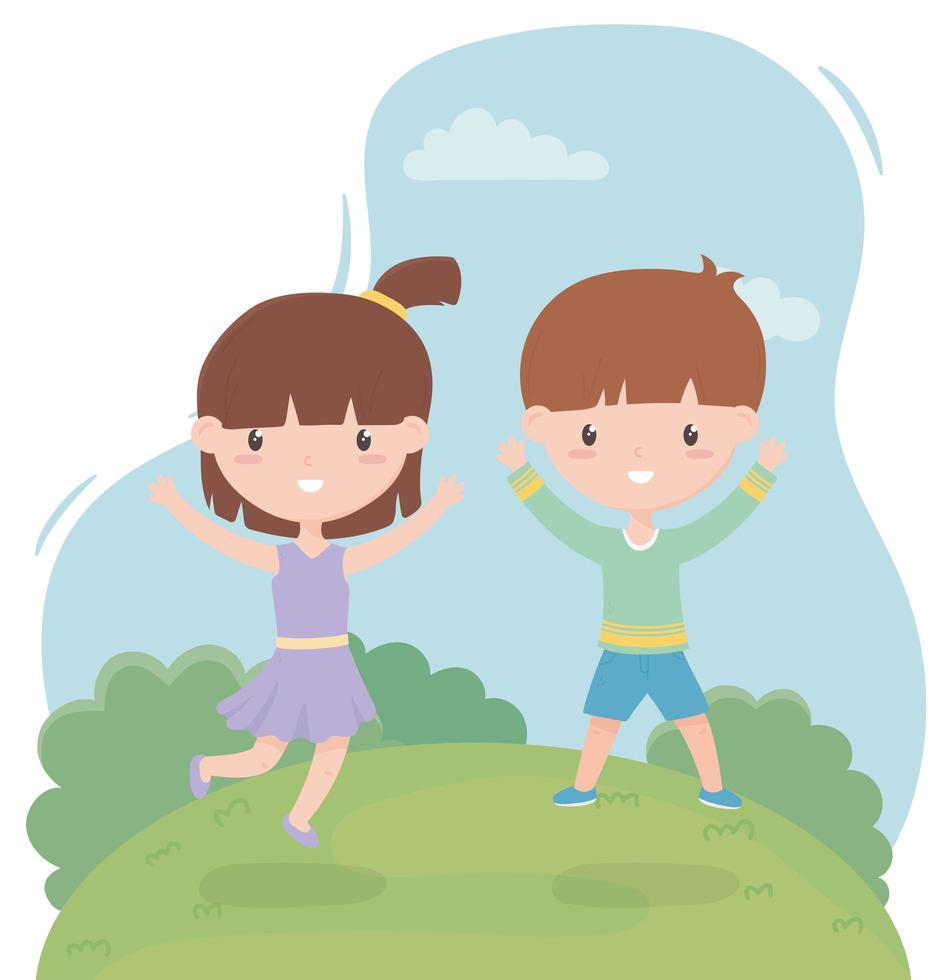 happy childrens day, funny little boy and girl in the field vector