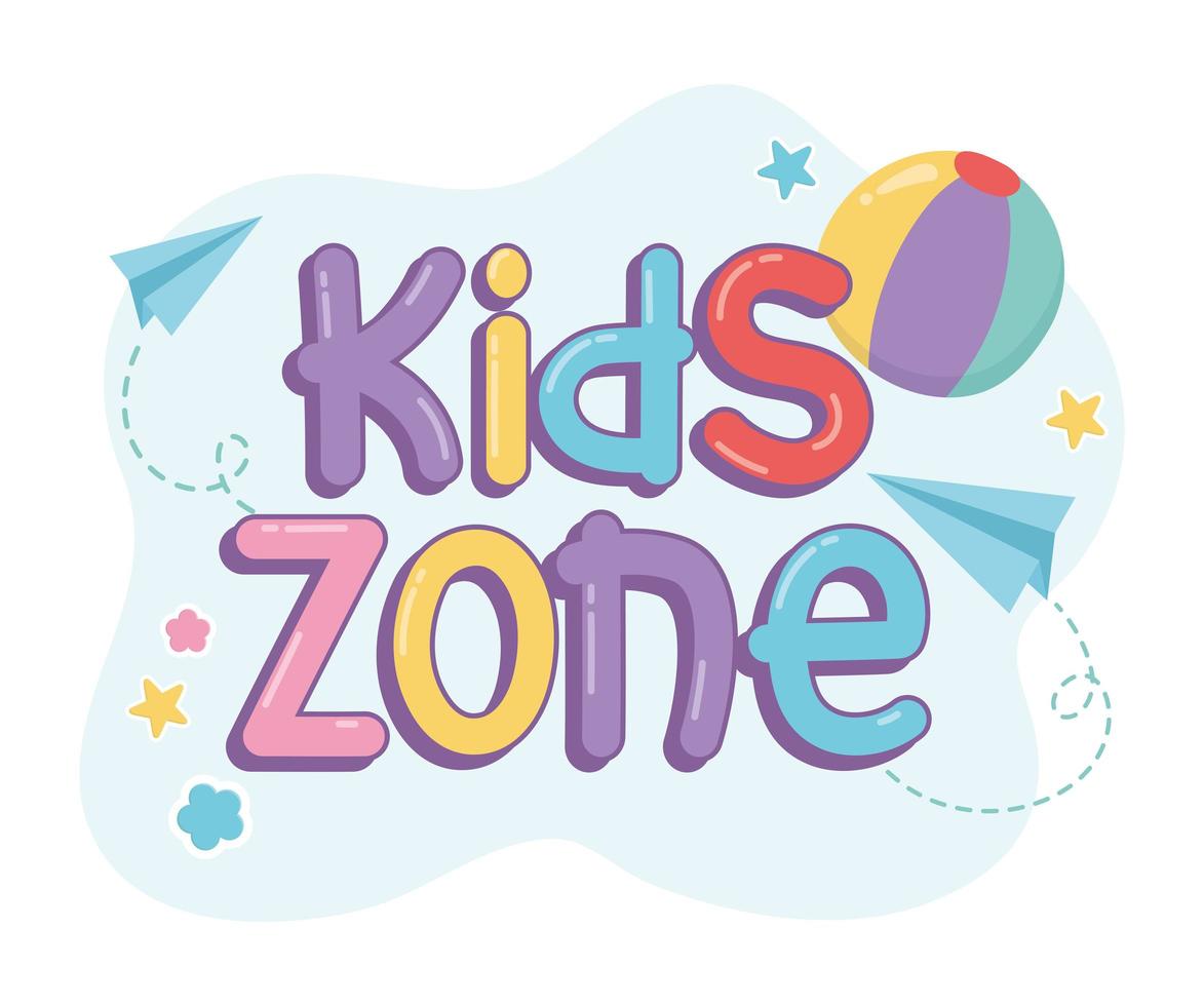 kids zone, rubber ball paper planes creativity font vector