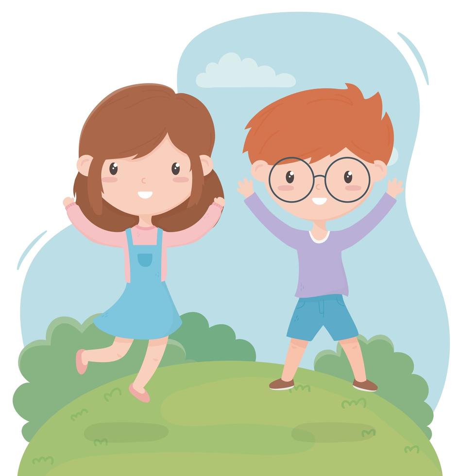 happy childrens day, funny little boy and girl in the field vector