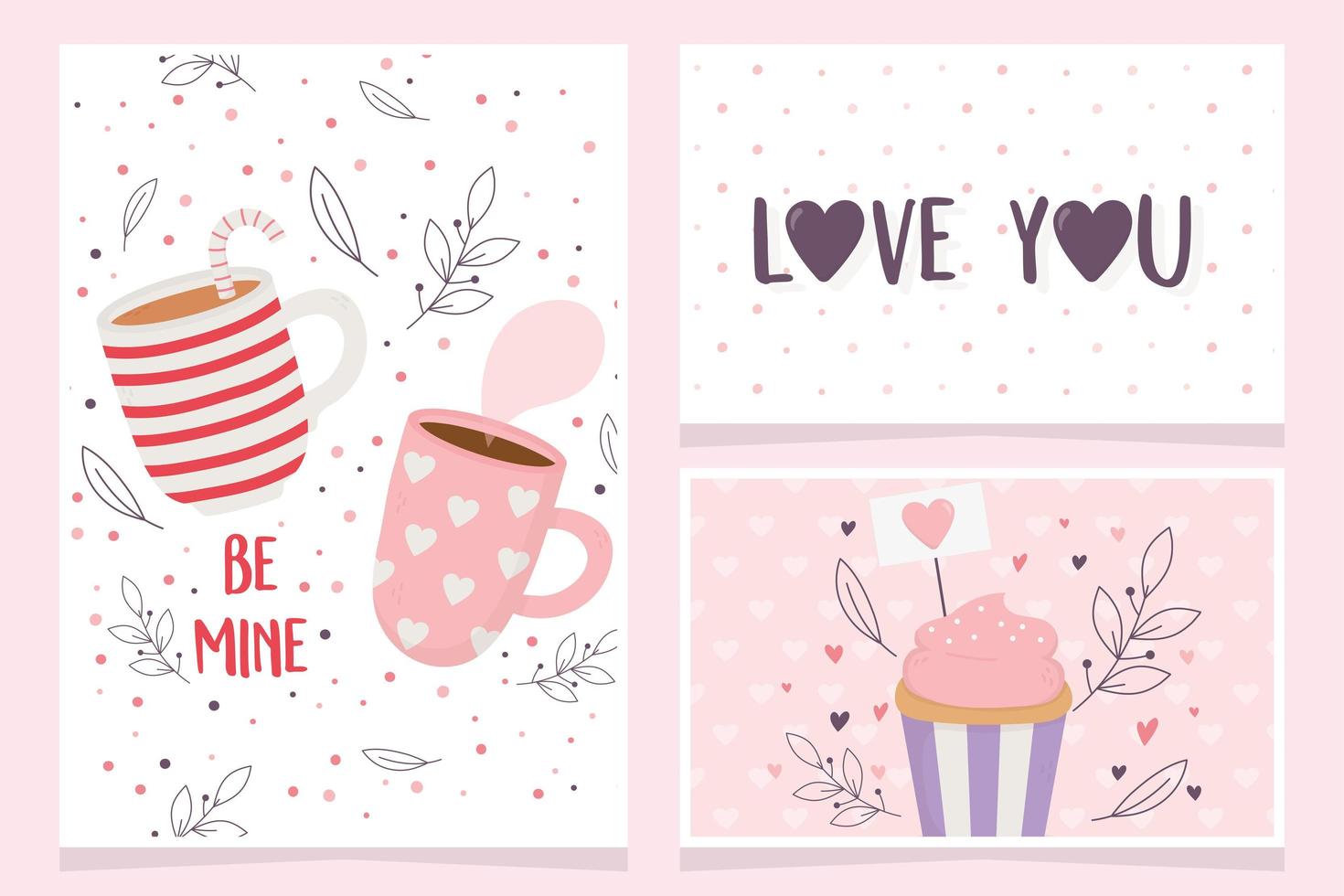 feliz día de san valentín, dulces cupcakes y tazas de chocolate tarjetas de letras de postre vector