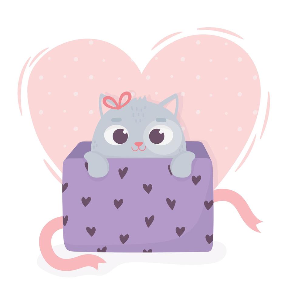 feliz día de san valentín lindo gato en caja presente amor corazones vector