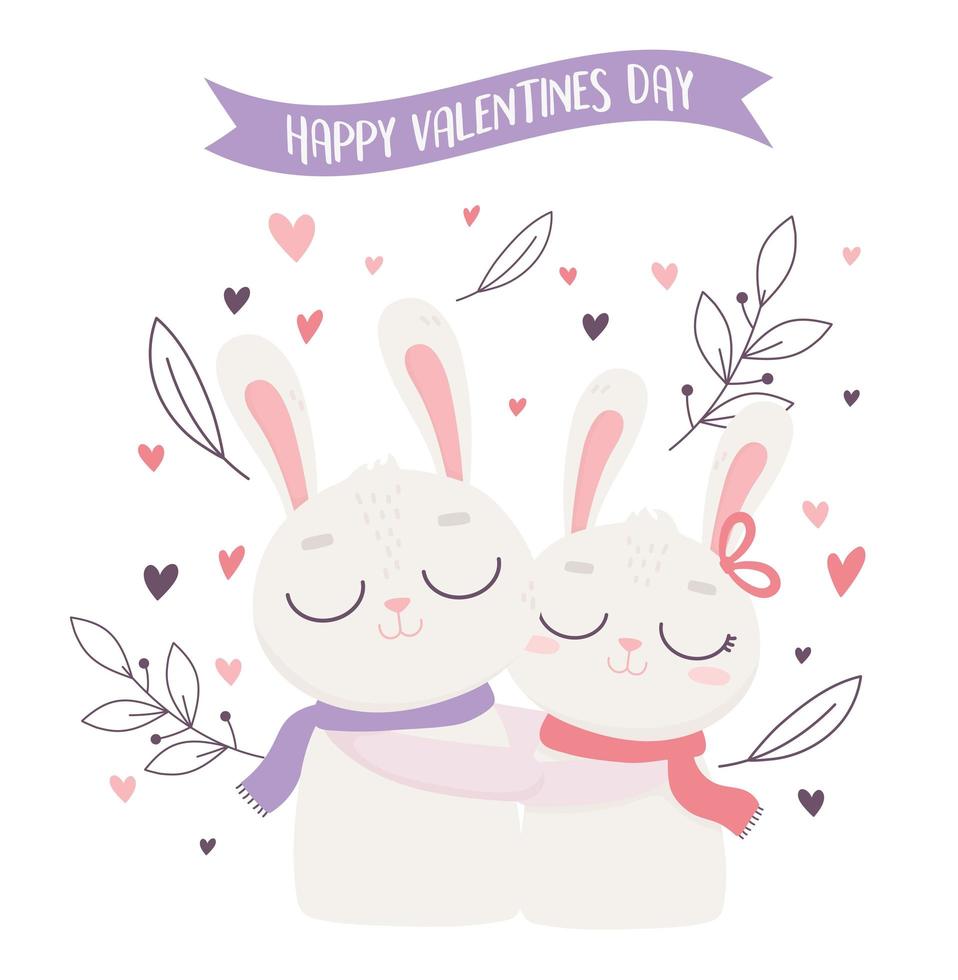happy valentines day cute white couple rabbits ribbon card vector