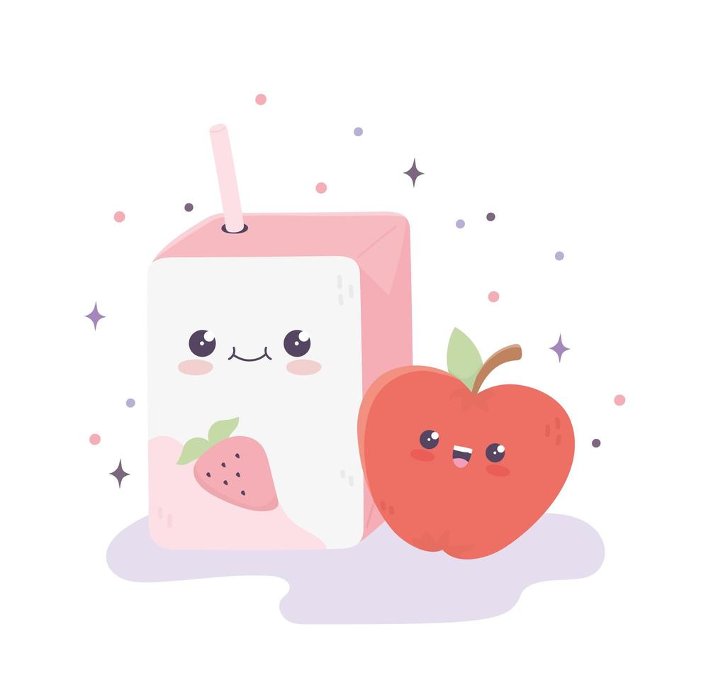 kawaii box juice with straw and apple cartoon vector