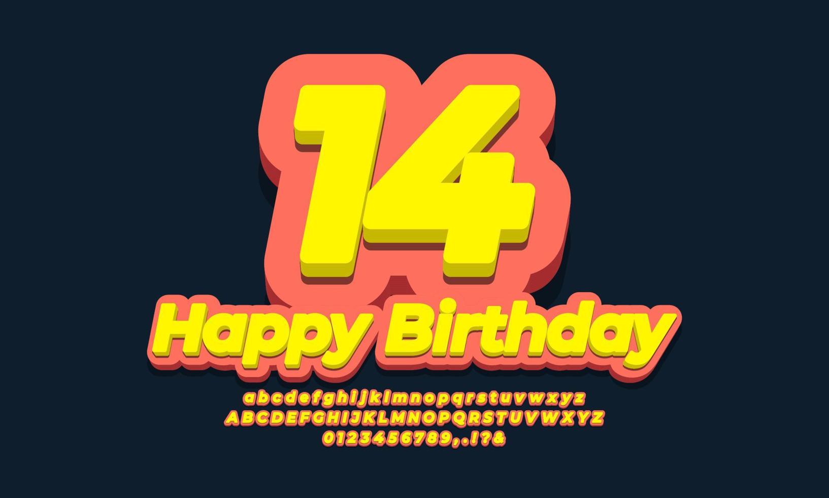 número catorce años celebración cumpleaños 3d amarillo diseño vector
