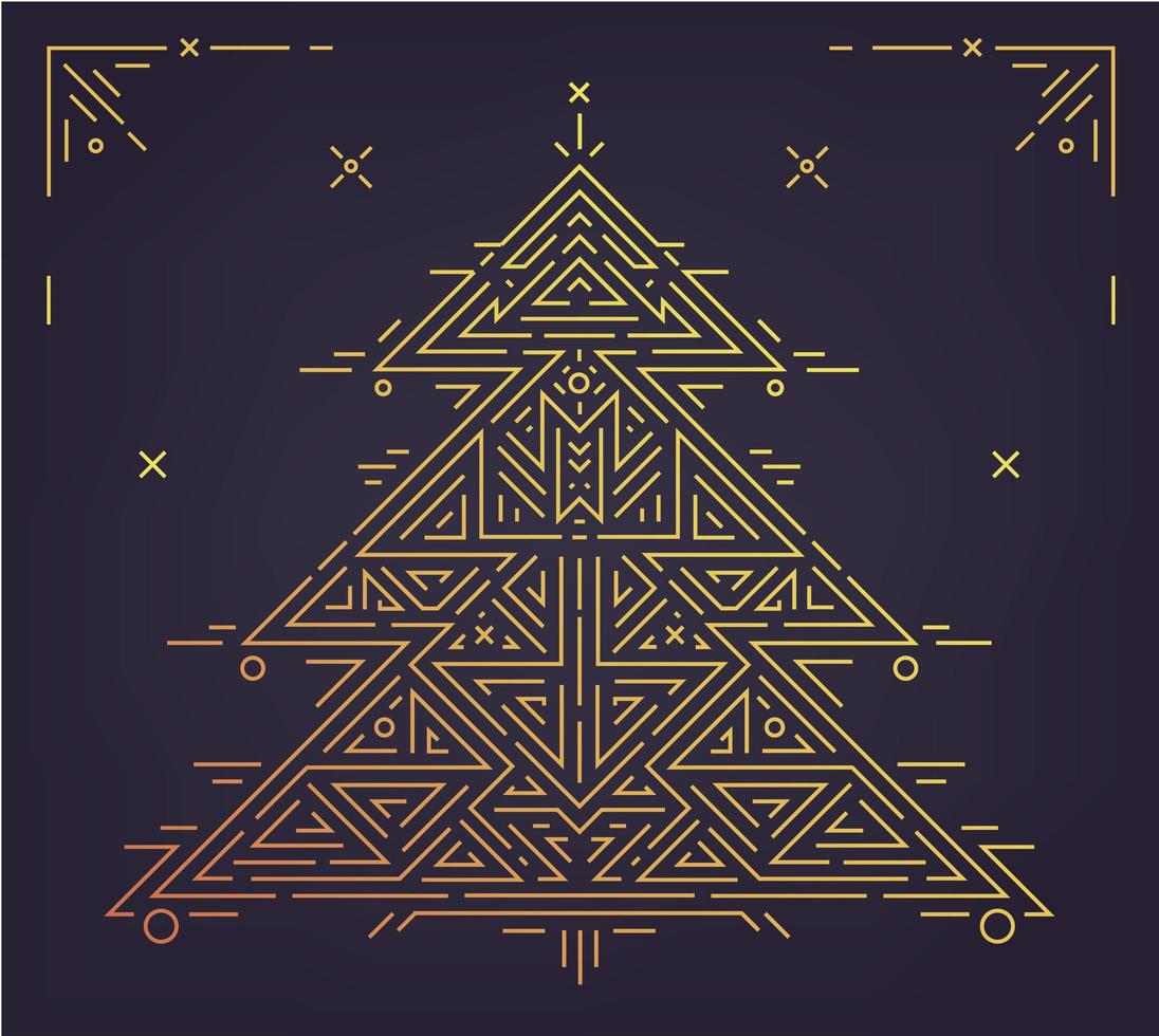 Vector linear christmas, new year poster, card, party invitation. Art deco golden christmas tree