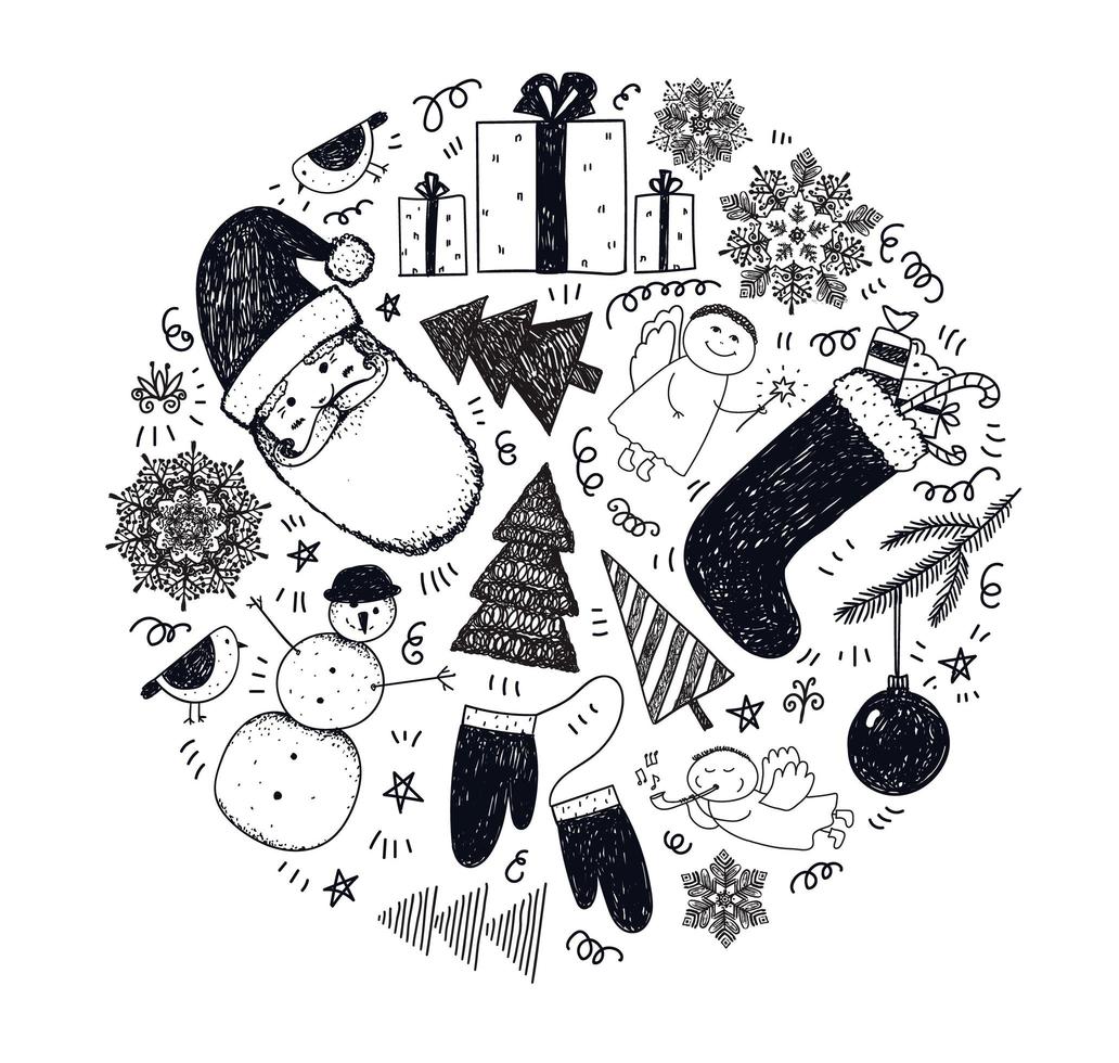 Vector set of hand drawn doodle Christmas, New Year illustrations. Santa, stocking, presents, snowman, christmas trees, snowflakes
