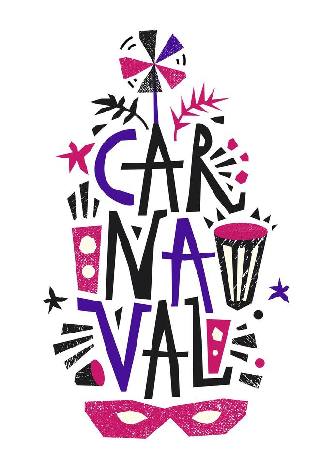 Letras de carnaval vectorial, afiche, tarjeta con elementos dibujados a mano. evento popular en brasil. Actitud festiva. título de carnaval vector